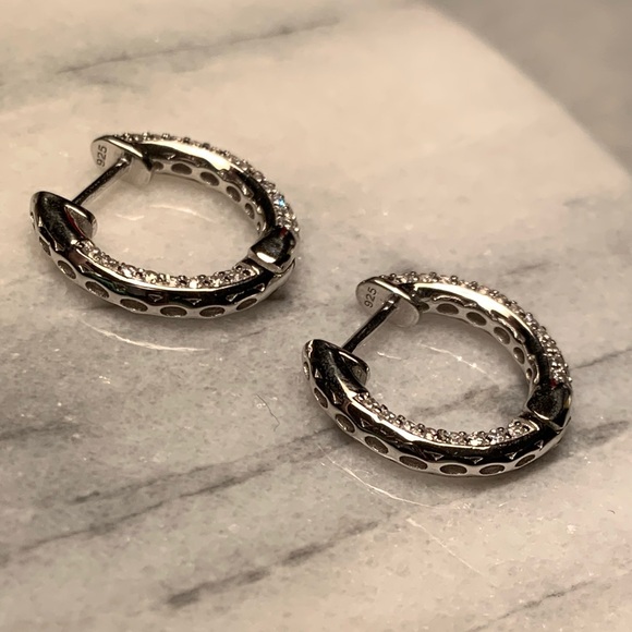 Sterling Silver Huggie Earrings With CZ Stones. Small Hoops - Picture 6 of 6